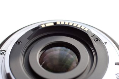 Single-lens reflex camera (slr) lens on white background