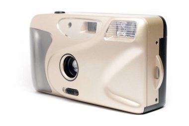 Cheap plastic retro film camera isolated on white background