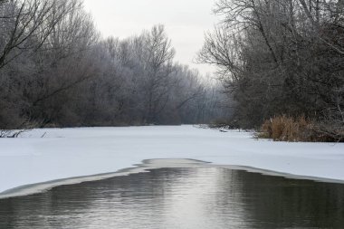 Macaristan 'ın Szabadszallas yakınlarındaki Tuna Vadisi' nin donmuş ana kanalı..