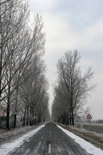 Зимняя Дорога Венгерской Деревне — стоковое фото