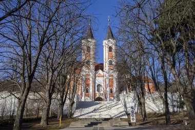 Güneşli bir kış gününde Macaristan 'ın Mariagyud Bazilikası' nın cephesi.