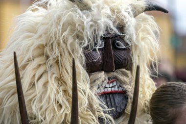Busojaras (Buso-walking) 'da giyinmiş bir adam, Macaristan' ın Mohacs kentinde yaşayan Sokci etnik grubunun yıllık maskeli balosu..