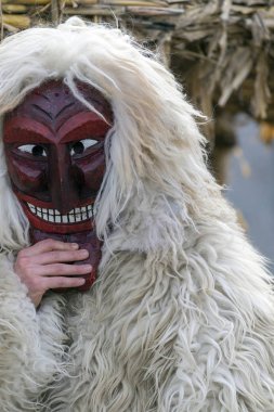Busojaras (Buso-walking) 'da giyinmiş bir adam, Macaristan' ın Mohacs kentinde yaşayan Sokci etnik grubunun yıllık maskeli balosu..