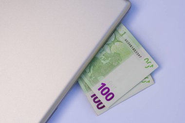 Gümüş bir dizüstü bilgisayarda Euro banknotları.