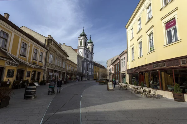 Szekesfehervar Węgry 2020 Ulica Cobblestone Szekesfehervarze Zimowy Dzień Kościołem Cysterskim — Zdjęcie stockowe