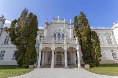 Macaristan 'ın Martonvasar kentindeki ünlü Brunszvik Sarayı güneşli bir bahar gününde.