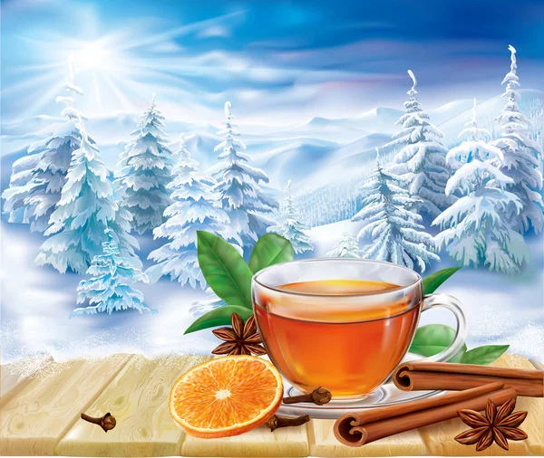 Xícara de chá em um fundo de inverno — Vetor de Stock