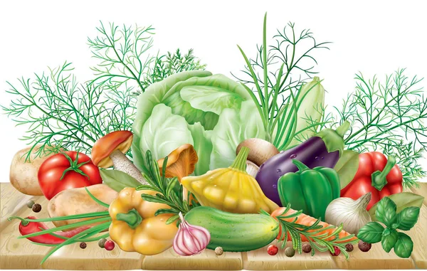 Collection de légumes sur une surface en bois — Image vectorielle
