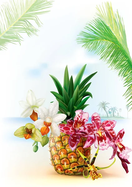 Pinapple с цветами орхидеи — стоковый вектор
