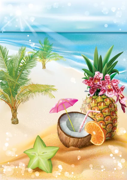 Exotic cocktail on a summer tropical beach — Stock Vector
