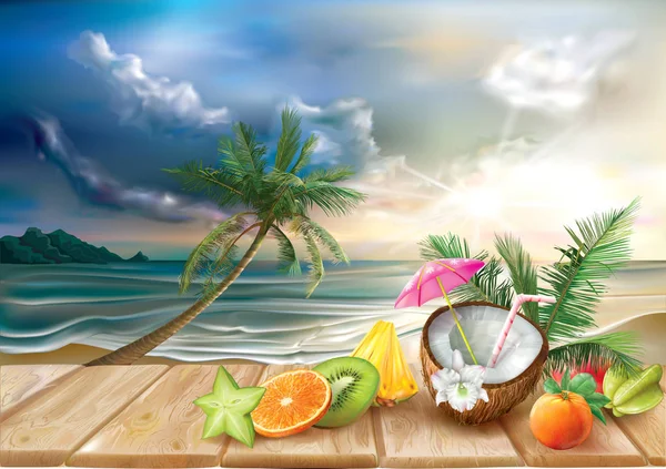 Cocktail and tropical fruits on a sea background — Stock Vector