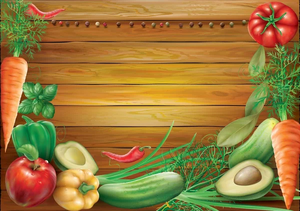 Grönsaker och kryddor på en trä bakgrund — Stock vektor