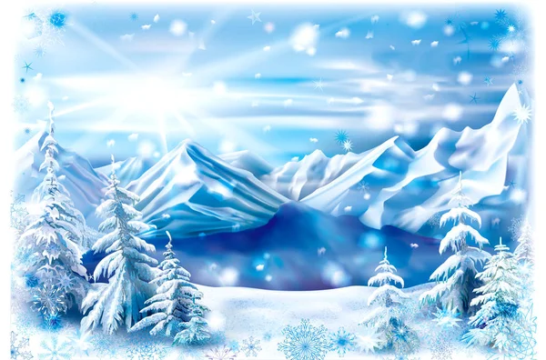 Inverno lago de montanha com flocos de neve quadro —  Vetores de Stock