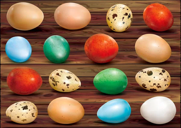 एक लकड़ी की पृष्ठभूमि पर रंगीन अंडे — स्टॉक वेक्टर