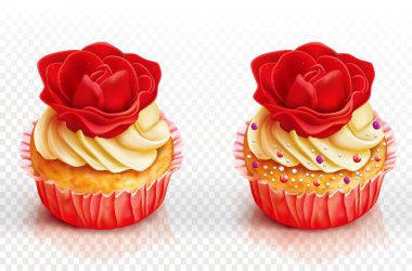 Kırmızı gül ile iki cupcake