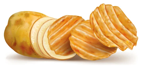 Kartoffelknolle Und Kartoffelchips Auf Weißem Hintergrund Vektornetzabbildung — Stockvektor