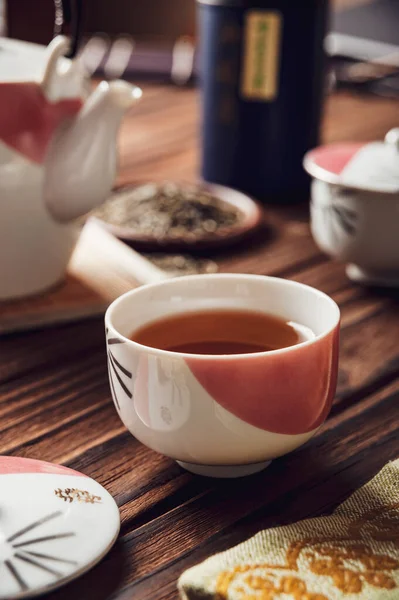 Японський Чай Азійську Порцелянову Чашу Дерев Яному Столі — стокове фото