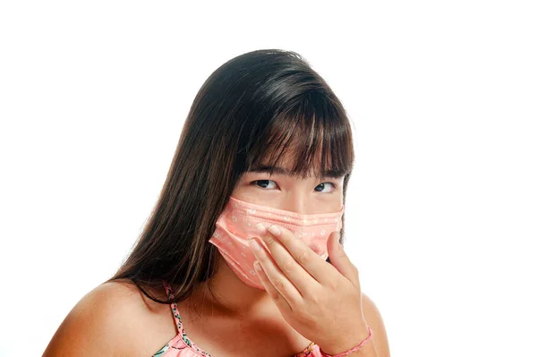 Asian Girl Wearing Mask Coughing Looking Camera — Stock Photo, Image