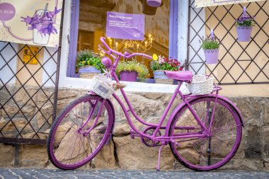 Szentendre, Macaristan - 30 Nisan 2019: Budapeşte, Macaristan yakınlarındaki Szentendre 'deki mağazanın yanında mor retro bisiklet.