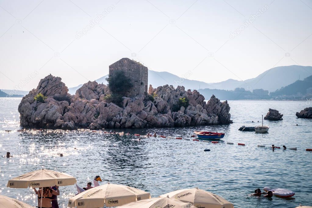 PRZNO, MONTENEGRO - JULY 04, 2019: Popular tourist place with the sand beach
