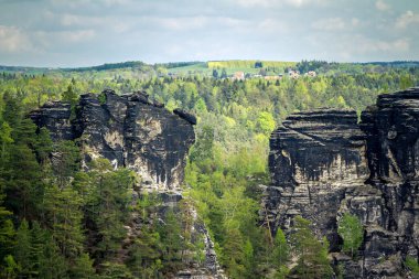 Saxon İsviçre 'deki kayalık dağları, gün doğumunda ve Elbe nehri üzerindeki sis, Sakson İsviçre Ulusal Parkı