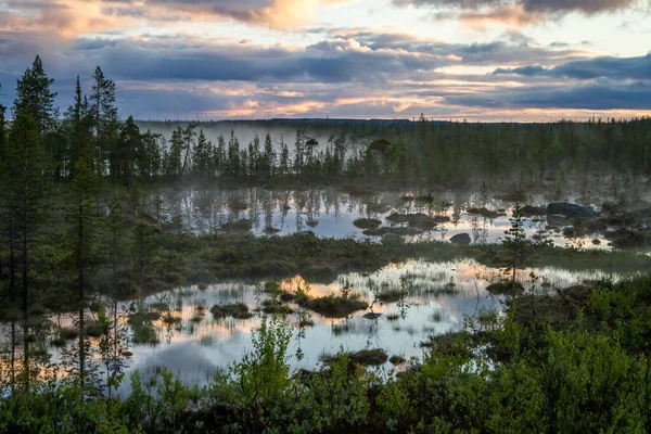 Letní noční krajina na severu poloostrova Kola v Rusku. Bílé noci, jezera, lesy a opar v bažinách — Stock fotografie