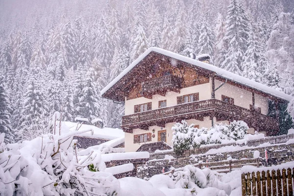 Paysage hivernal dans la ville de Neustift dans la vallée du Stubai en Autriche. Maison tyrolienne au milieu de neige épaisse et de sapins — Photo