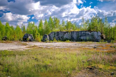 Çatlaklar ile mermer kaya. Mermer beyaz ve gri lekelerde. Ormanın etrafında. Ruskeala, Karelia