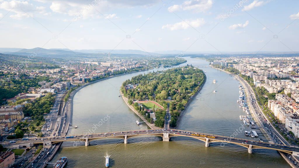 Aerial photo shows the Margaret Island and the Margaret Bridge in Budapest, Hungary