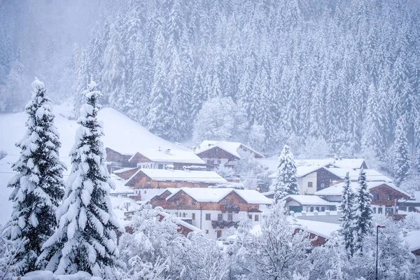 Paisagem de inverno na cidade de Neustift, no Vale Stubai, na Áustria. Neve coberto de árvores após neve pesada — Fotografia de Stock