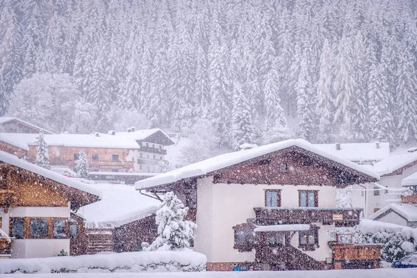 Vinterlandskap i staden Neustift i Stubai Valley i Österrike. Tyrolskt hus mitt i tung snö och granar — Stockfoto