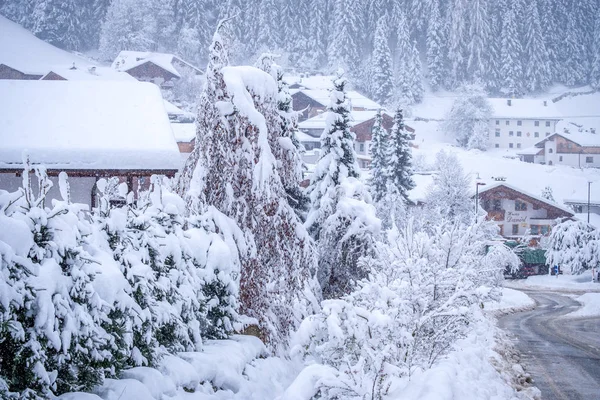 Zimní krajina ve městě Neustift v údolí Stubai v Rakousku. Zasněžené stromy po silném sněhu — Stock fotografie
