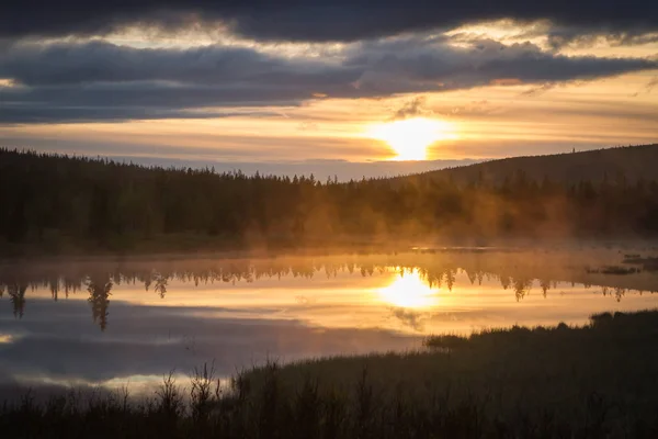Russische Nordlandschaft. kola Halbinsel, die Arktis. Gebiet Murmansk. Sumpf mit Morgennebel bei Sonnenaufgang — Stockfoto