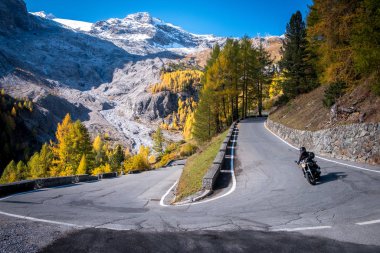 Dolomites Dağları, Güney Tyrol 'daki Passo Stelvio vadisinde sonbahar manzarası Stelvio Ulusal Parkı, Alpler, kuzey İtalya, Avrupa. Bisikletli dağ yolu