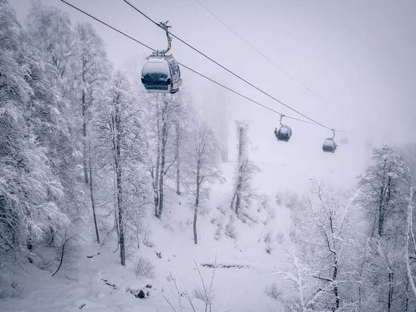 Winterberglandschaft im Skigebiet rosa khutor in Sotschi, Russland. Bäume im Raureif gegen einen schönen Morgenhimmel an einem frostigen Morgen — Stockfoto