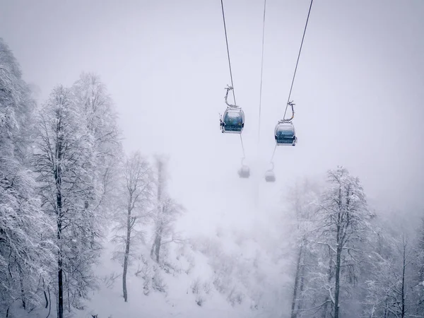 Paysage de montagne d'hiver à la station de ski Rosa Khutor à Sotchi, Russie. Cabane de téléphérique au-dessus des pins dans la neige — Photo