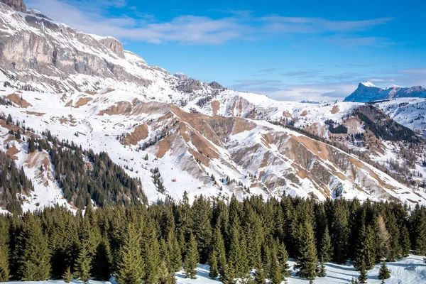 在一个阳光明媚的冬日，从椅子电梯里俯瞰针叶林和高山。Ski度假胜地Arabba位于Dolomites山区。Passo Pordoi通过了、意大利 — 图库照片