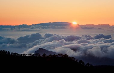 Teide Ulusal Parkı Günbatımı, Tenerife. Güneş ufukta bulutların üzerinde batıyor, çam ağaçlarının siluetleri.