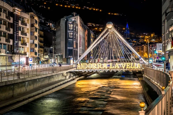 Andorra Vella Andorra Febrero 2019 Puente Con Inscripción Andorra Vella — Foto de Stock