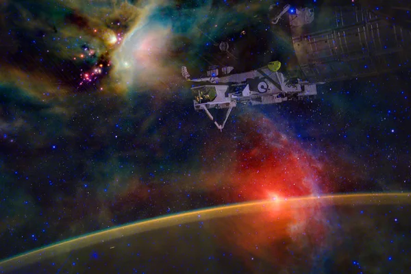 Iss Uzay Istasyonu Dünya Yörüngesinde Yürüyor Evrenin Sonu Yok Görüntünün — Stok fotoğraf