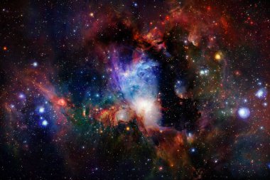 Derin uzayda yıldızların ve galaksilerin olduğu evren sahnesi uzay keşiflerinin güzelliğini gösteriyor. Nasa tarafından döşenmiş elementler.