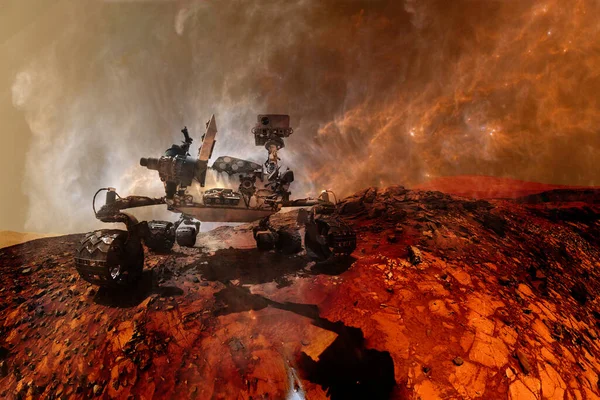 Curiosidad Explorando Superficie Marte Fondo Pantalla Ciencia Ficción Elementos Esta — Foto de Stock