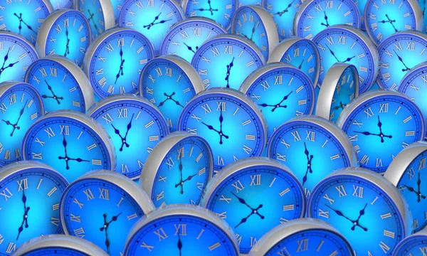 Space and time. Many blue circular clock. 3D illustration. Stock Picture