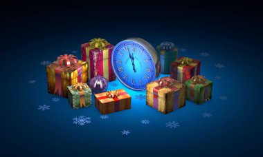 Noel masal gece. Güzel hediyeler, saat. Yeni yıl. 3D