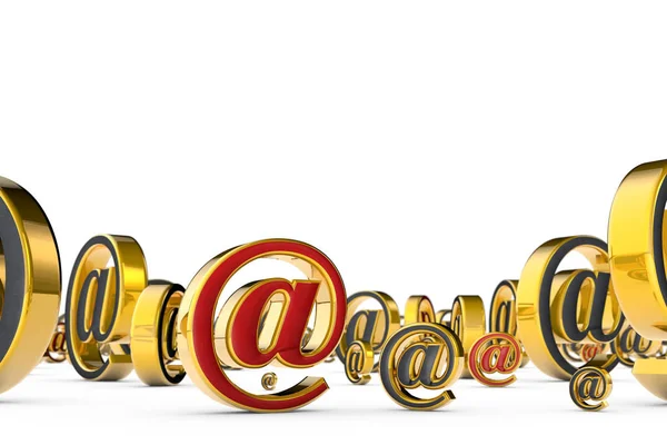 E-mail simbolo rosso e oro. Un sacco di spam (e-mail simboli grigi). Si distingue dalla folla. Isolato su bianco . Foto Stock