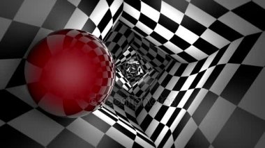 Bir kare satranç tünel (satranç metafor) kırmızı top. 3D animasyon. Kesintisiz döngü