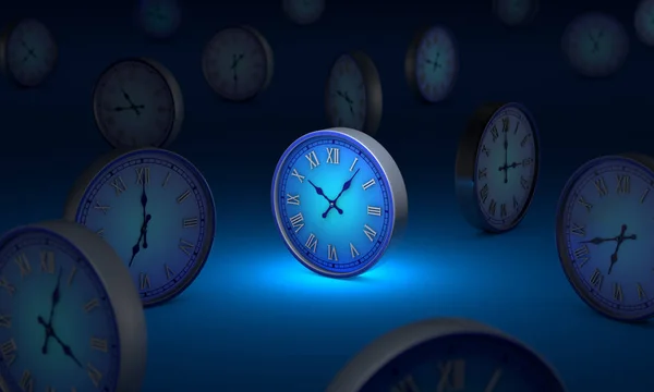 Життя. Нескінченність і час. Багато синіх круглих годинників. 3D-захист — стокове фото