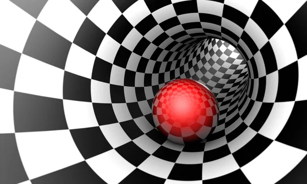 Pelota roja en un túnel de ajedrez. Predeterminación. El espacio y el tiempo Imagen De Stock