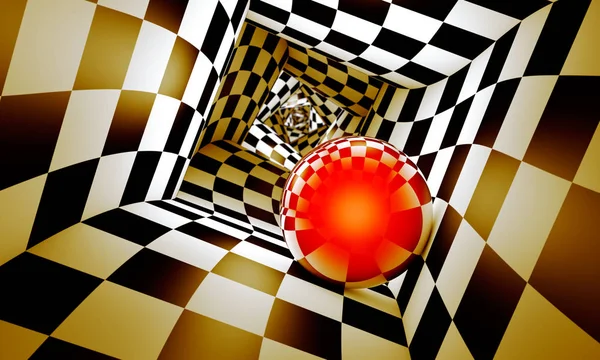 Geometric combination. Red ball in a chess tunnel. The concept image. The space and time. 3D illustration — Stock Photo, Image