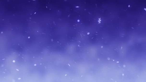 Caídas de nieve y copos de nieve decorativos. Invierno, Navidad, Año Nuevo. Fondo artístico azul-violeta. Animación 3D — Vídeo de stock